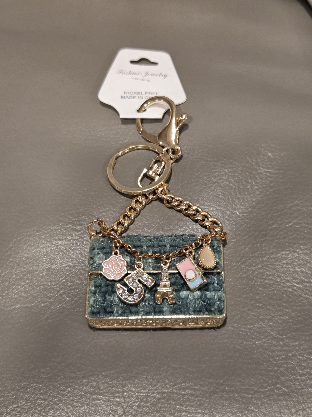 Purse Charm Keychain Velvet Gold-Tone Green